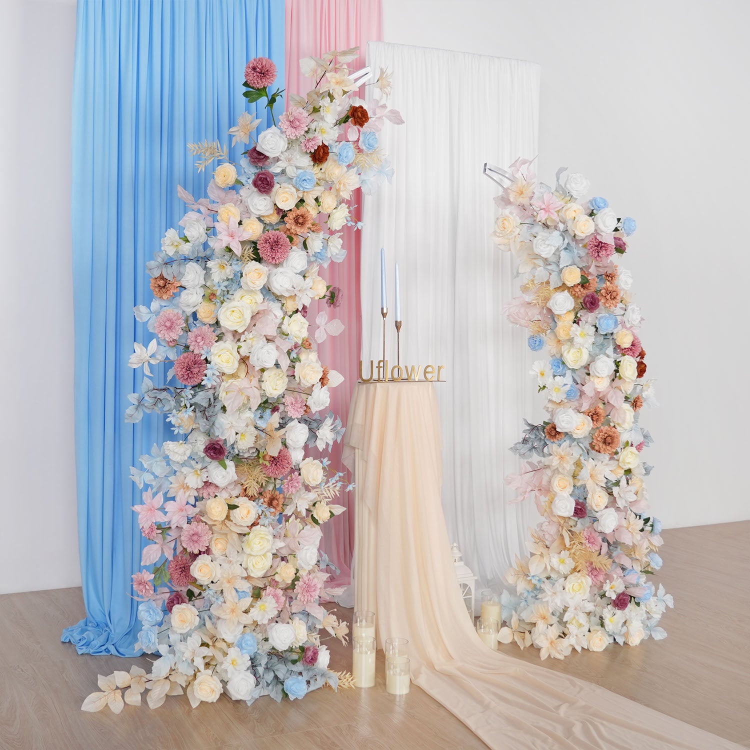 Uflower Pink Blue Champagne Horn Arch Decor Wedding Backdrop Floral Ball Arrangement